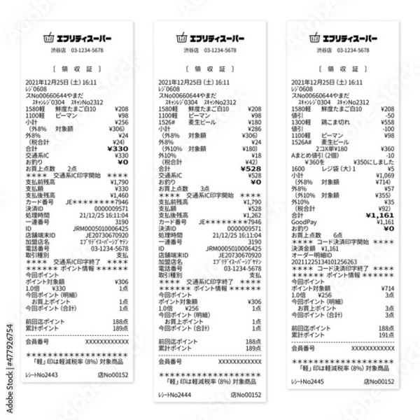 Fototapeta スーパーマーケットのリアルなダミーのレシート 軽減税率のみ・軽減税率と通常税率混合・値引きありのセット