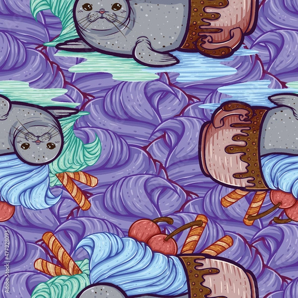 Fototapeta Sundae Seal Vector Seamless Surface Pattern Design