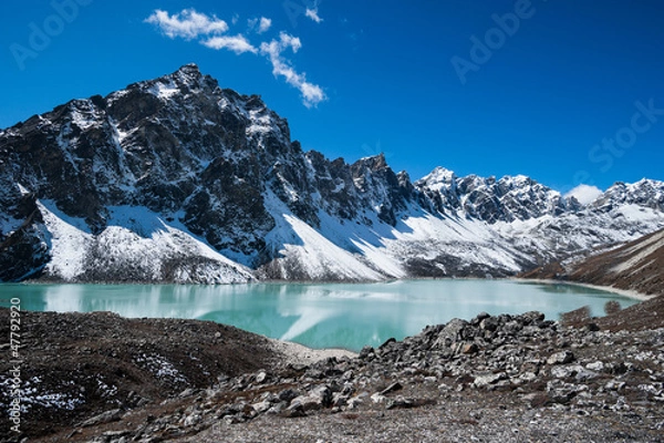 Fototapeta Sacred Lake and peaks near Gokyo in Himalayas