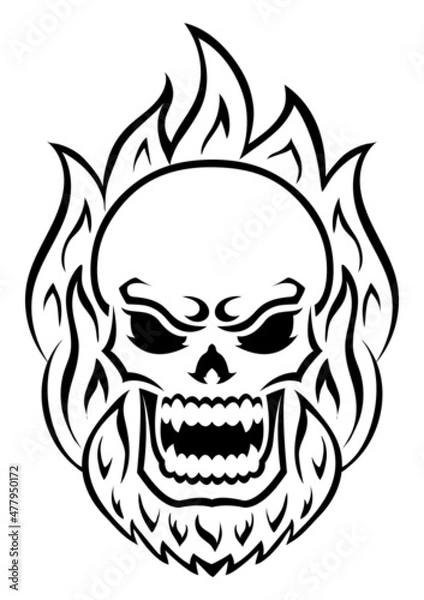 Fototapeta Angry skull with fire. Outline silhouette. Design element. Vector illustration isolated on white background. Template for books, stickers, posters, cards, clothes.