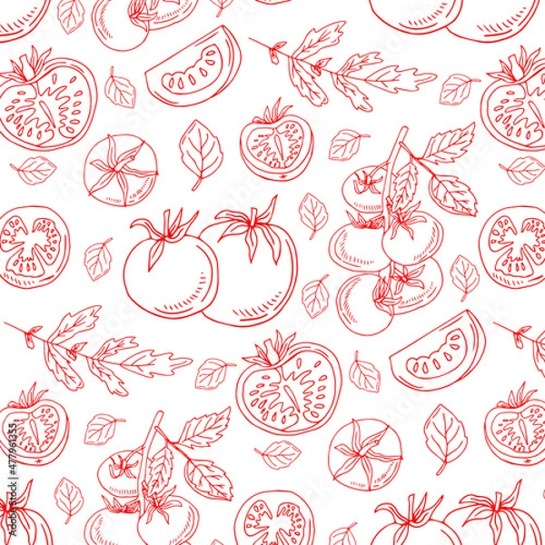 Obraz Red Tomatoes Seamless Pattern on White Background. Vector doodle illustration