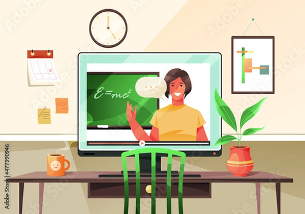 Fototapeta Vector illustration of a home desktop. Video tutorial, physics. Character design. online education.