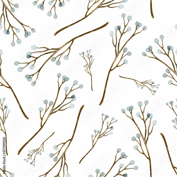 Fototapeta Branches with berries watercolor seamless pattern 