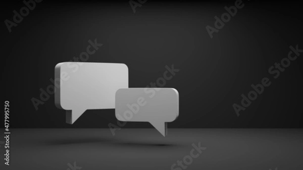 Fototapeta 3d rendering of two matte white speech bubbles in the lower left image area in front of a matte black background lighted from above