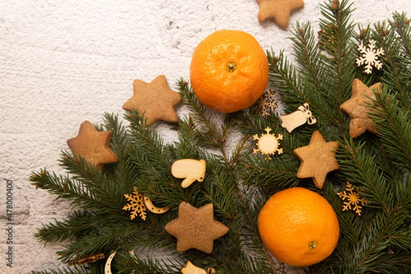 Obraz Christmas background cookies and tree branches, happy new year decoration 