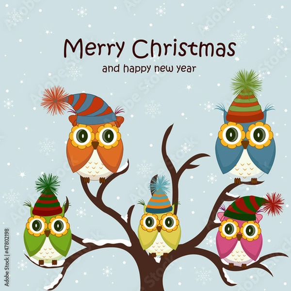 Obraz Christmas card with owls on the tree