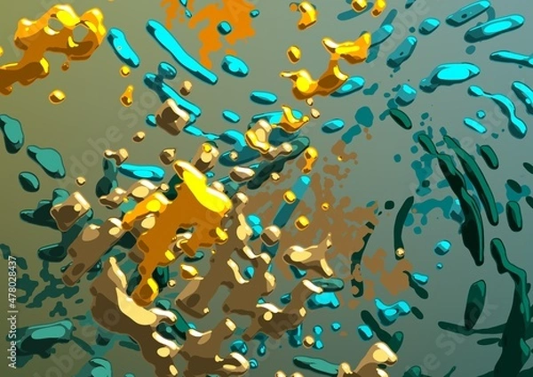 Obraz Cartoon water liquid particles droplets. Abatract painting. 2d illustration. Frozen motion small particle molecules.