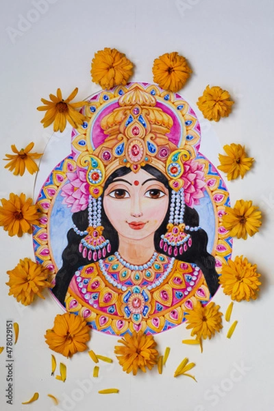 Obraz Beautiful goddess Lakshmi with flowers and ornaments painted in watercolors and surrounded by fresh yellow flowers.