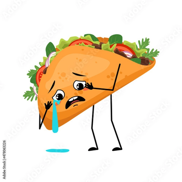 Obraz Cute character mexican taco with crying and tears emotion, sad face, depressive eyes, arms and legs. Fast food person with melancholy expression, sandwich with flatbread.