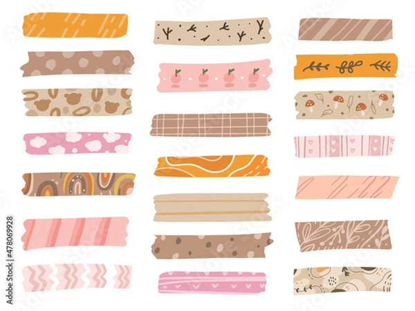 Obraz Cute washi tape big set collection in minimalist natural color. Variation of decorative tape clip art in white background.
