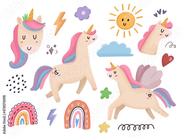 Obraz Cute Unicorn watercolor illustration set. Baby unicorn and rainbow drawing element.
