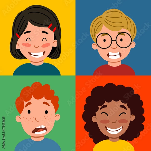 Fototapeta Seamless pattern with children s emotions. A set of portraits in squares. Backgrounds are used for magazines, books, posters, postcards, web pages.