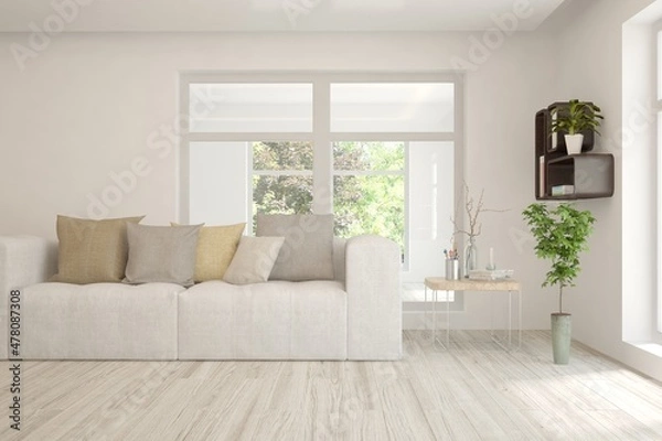 Obraz White living room with sofa and summer landscape in window. Scandinavian interior design. 3D illustration