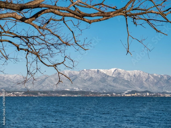 Fototapeta 滋賀県草津市　琵琶湖の対岸に冬景色の比叡山