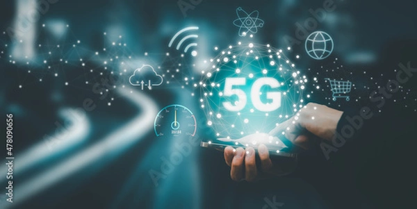 Fototapeta Global network connection 5G on hand business man.Global network connection 5G with icon concept, technology network wireless systems and internet of things, new technologies coming up in the future.