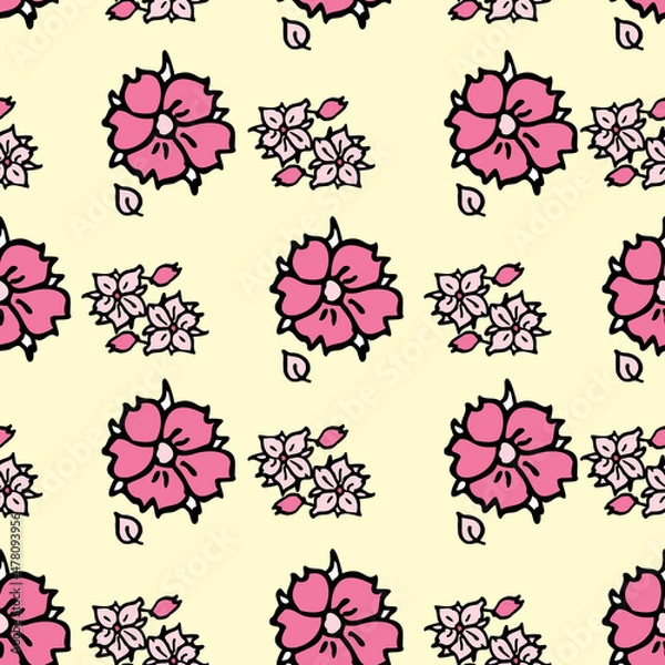 Obraz Vector yellow background white pink cherry tree flowers and cherry blossom sakura flowers. Seamless pattern background
