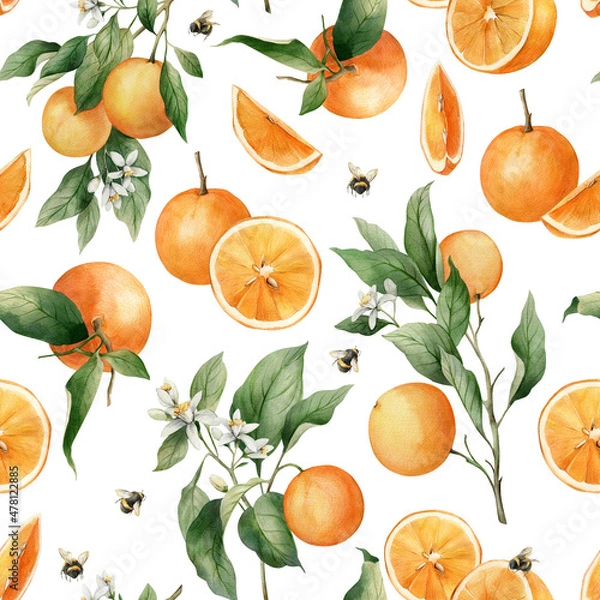 Fototapeta Watercolor seamless pattern with branches ripe oranges and bee. Hand painted citrus ornament for wrapping paper, print, or fabric. Hand painted plants isolated on white background.