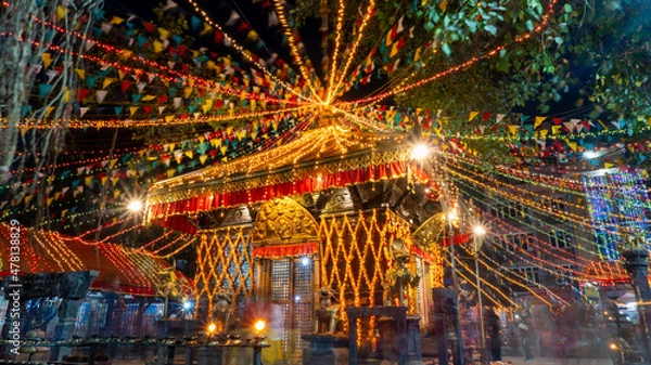 Fototapeta Pagoda style Maitidevi Temple, located in Kathmandu, Nepal , on the ocassion of Tihar, long exposure shots, night photography