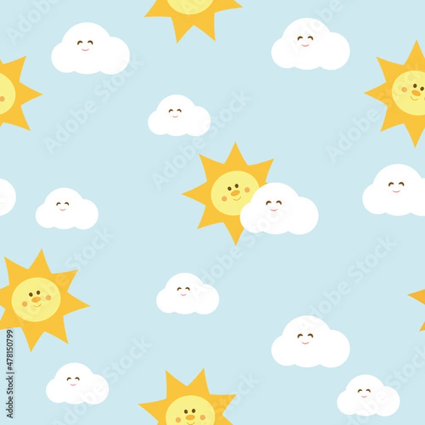 Fototapeta Cute seamless pattern with sun and clouds. Cartoon vector Illustration. It can be used for wallpapers, wrapping, cards, patterns for clothes and other