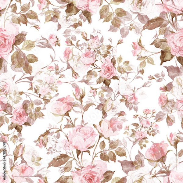 Fototapeta Abstract seamless pattern delicate roses drawn on paper paints