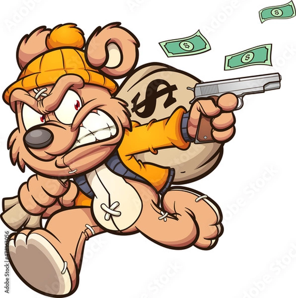 Obraz Teddy bear stealing a big bag of money. Vector illustration with simple gradients. All on a single layer.