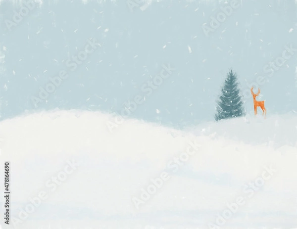Fototapeta Winter landscape with snow, tree, deer. Hand drawn winter background scene with subtle canvas effect.