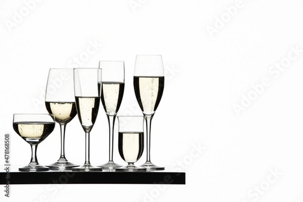 Obraz Different filled Champagne glasses on shelf in studio on white background. 