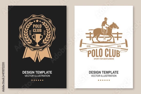 Fototapeta Set of Polo club sport badges, patches, emblems, logos. Vector illustration. Vintage monochrome equestrian label with rider and horse silhouettes. Concept for shirt or logo, print, stamp or tee.
