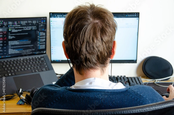 Fototapeta a man working on computer monitor seen from back