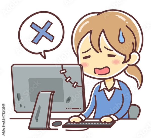 Fototapeta ボロボロのパソコンを使う女性のイラスト（修理・壊れる・困る）