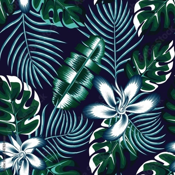 Fototapeta Trend abstract jungle illustration seamless pattern with monochromatic tropical banana palm leaves and hibiscus flowers plant foliage on dark background. Floral background. Exotic Summer. vector art