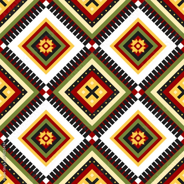 Fototapeta Fabric pattern vintage style. Raster geometric seamless pattern withsquares, rhombuses, triangles..Tribal motif. red, green and yellow andgray color.