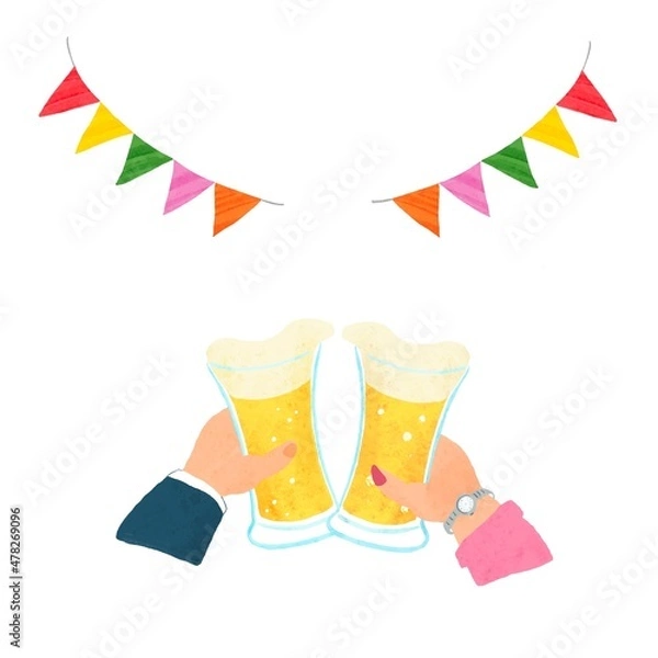 Obraz ビールで乾杯する男女の手描きイラスト（屋外）
