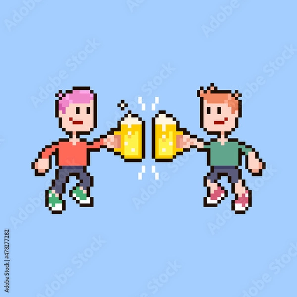 Fototapeta colorful simple flat pixel art illustration of cartoon two smiling guys clinking glasses of beer