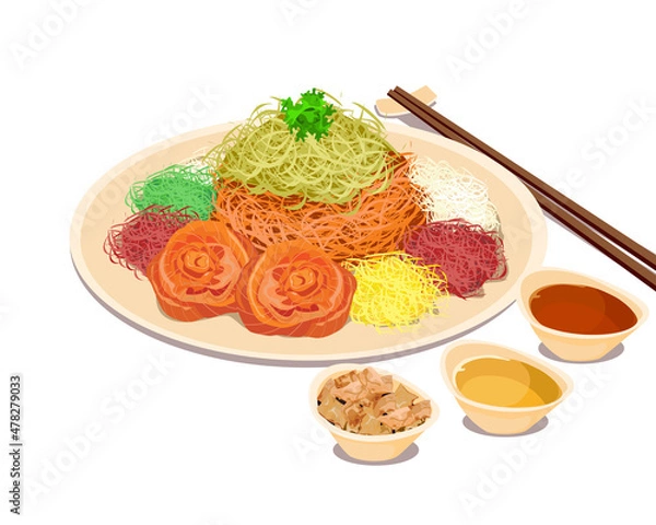 Obraz Isolated close up YuSheng, yee sang or yuu sahng, or Prosperit. salmon fish raw and vegetables salad.Chinese food and chopsticks on a table. 