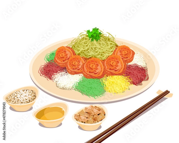 Obraz Yu Sheng, salmon fish raw and vegetables salad and a variety of sauces and condiments with sauce and bread. Chinese food and chopsticks on a table. Isolated close up Yu Sheng vector illustration 