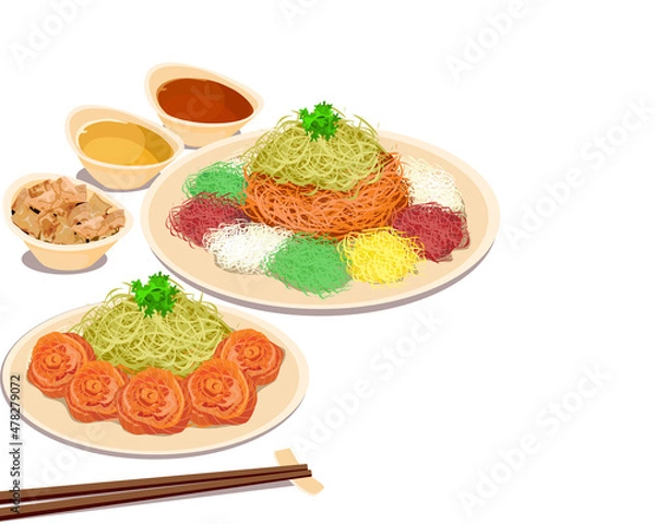 Obraz YuSheng, salmon fish raw and vegetables salad and a variety of sauces and condiments with sauce and bread. Chinese food and chopsticks on a table. Isolated close up yee sang or yuu sahng, or Prosperit
