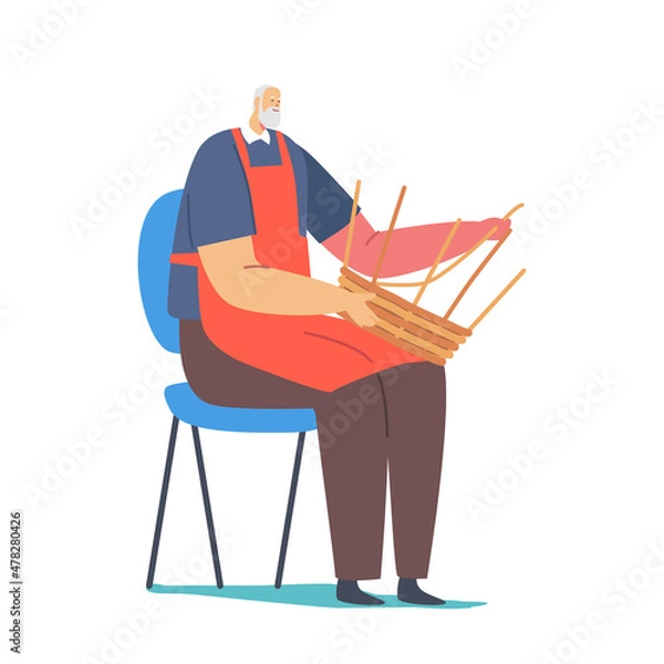 Obraz Handmade Hobby, Business. Senior Male Character Weaving Basket. Old Man Make Wicker Picnic Pannier of Natural Materials