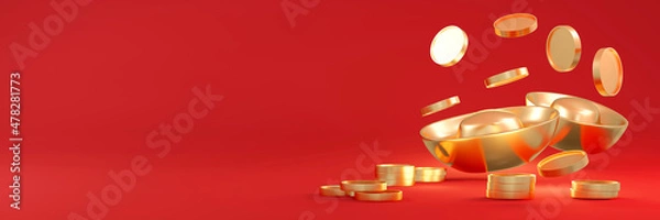 Fototapeta 3D Rendering of Panorama scene of Chinese gold bars ingot and golden coins and copy space on red background banner. 3D Render illustration.