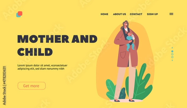 Fototapeta Mother and Child Landing Page Template. Female Character with Newborn Baby Sitting in Sling, Caucasian Woman with Child
