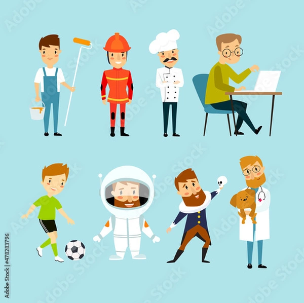 Fototapeta Print. Set of vector illustrations "male professions". Stickers. Cartoon characters. Cartoon mans.  Workers
