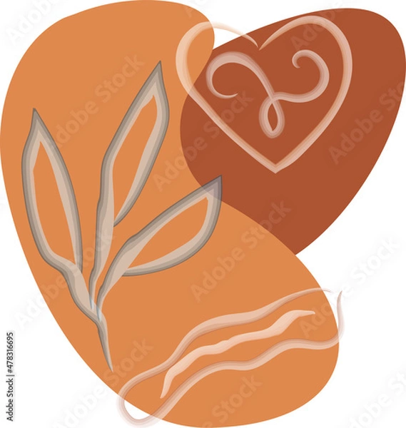 Fototapeta Boho abstract vector illustration with heart, plant, blob, spiral vector illustration