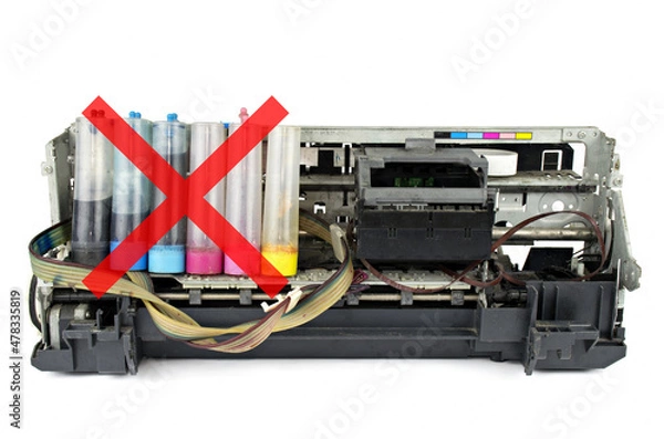 Fototapeta Broken Printer and wrong mark  isolated on white background.Concept print head is clogged because printer Ink cartridge fake.