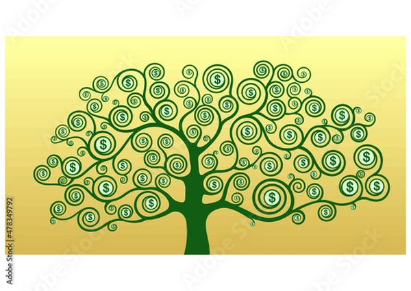 Fototapeta Money tree on a gold background with green dollars on spiral branches