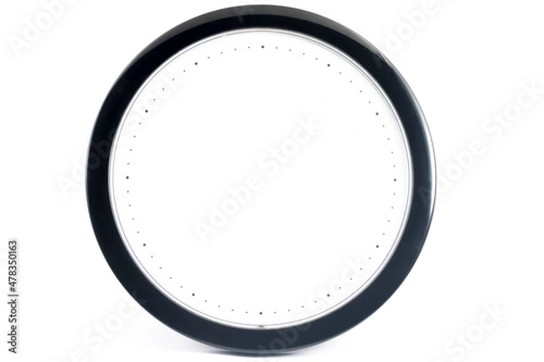 Fototapeta Empty black clock without dial on isolated white background with shadow. 