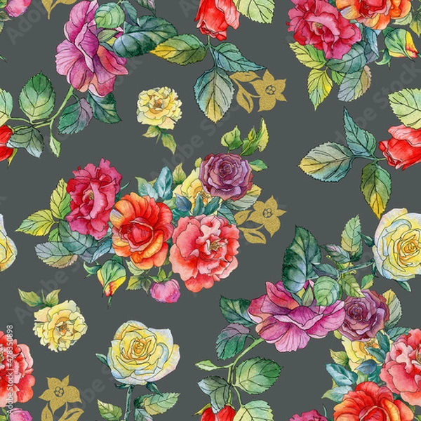 Obraz Seamless watercolor pattern with multicolored roses and fantastic golden flowers on a dark green background