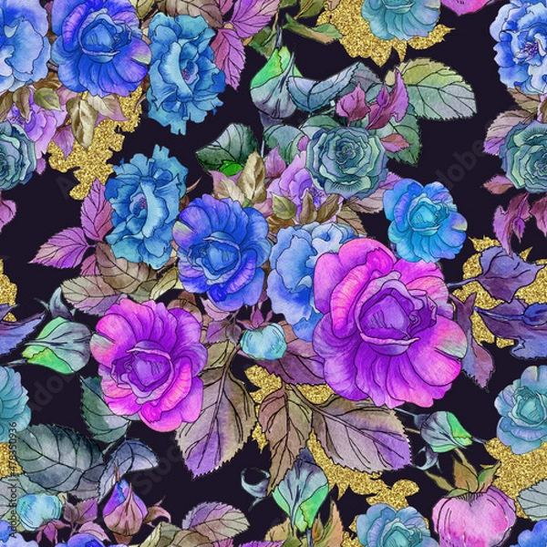 Obraz Neon bouquets of watercolor roses on a black background. Seamless pattern.