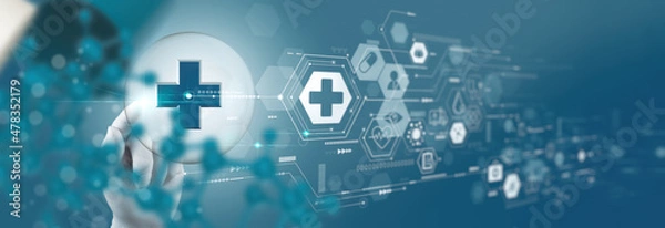 Fototapeta Medicine doctor hand using modern computer diagnose virtual medical record of patient .Digital healthcare and network on modern virtual screen,3d world medical technology and futuristic concept.