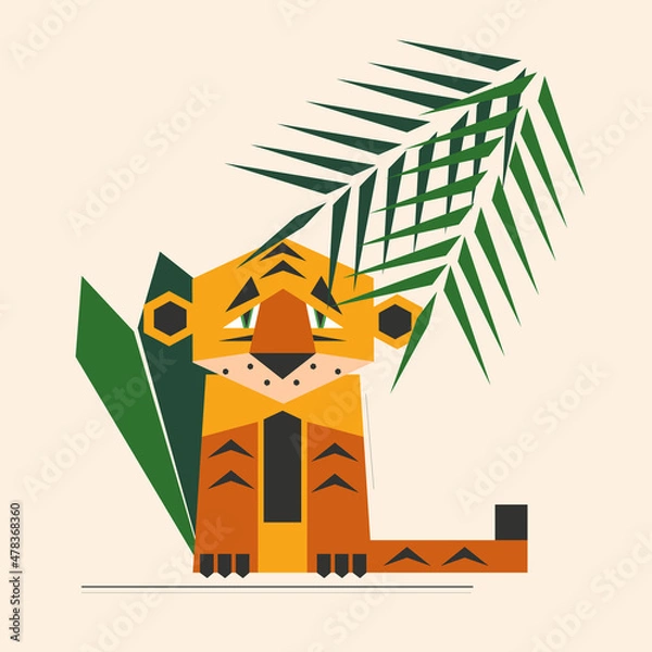 Fototapeta Sad cartoon tiger symbol of 2022 geometric style illustration
