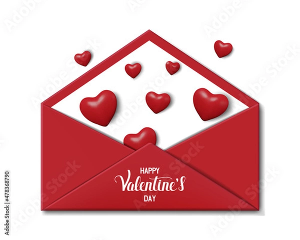 Fototapeta Banner for St. Valentine's Day. Realistic open red envelope with hearts and lettering. Color vector illustration, 3d style. White isolated background.